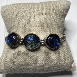 Diachronic Glass Sterling Silver Toggle Clasp 925 Blue Green Flash Bracelet 7.5"